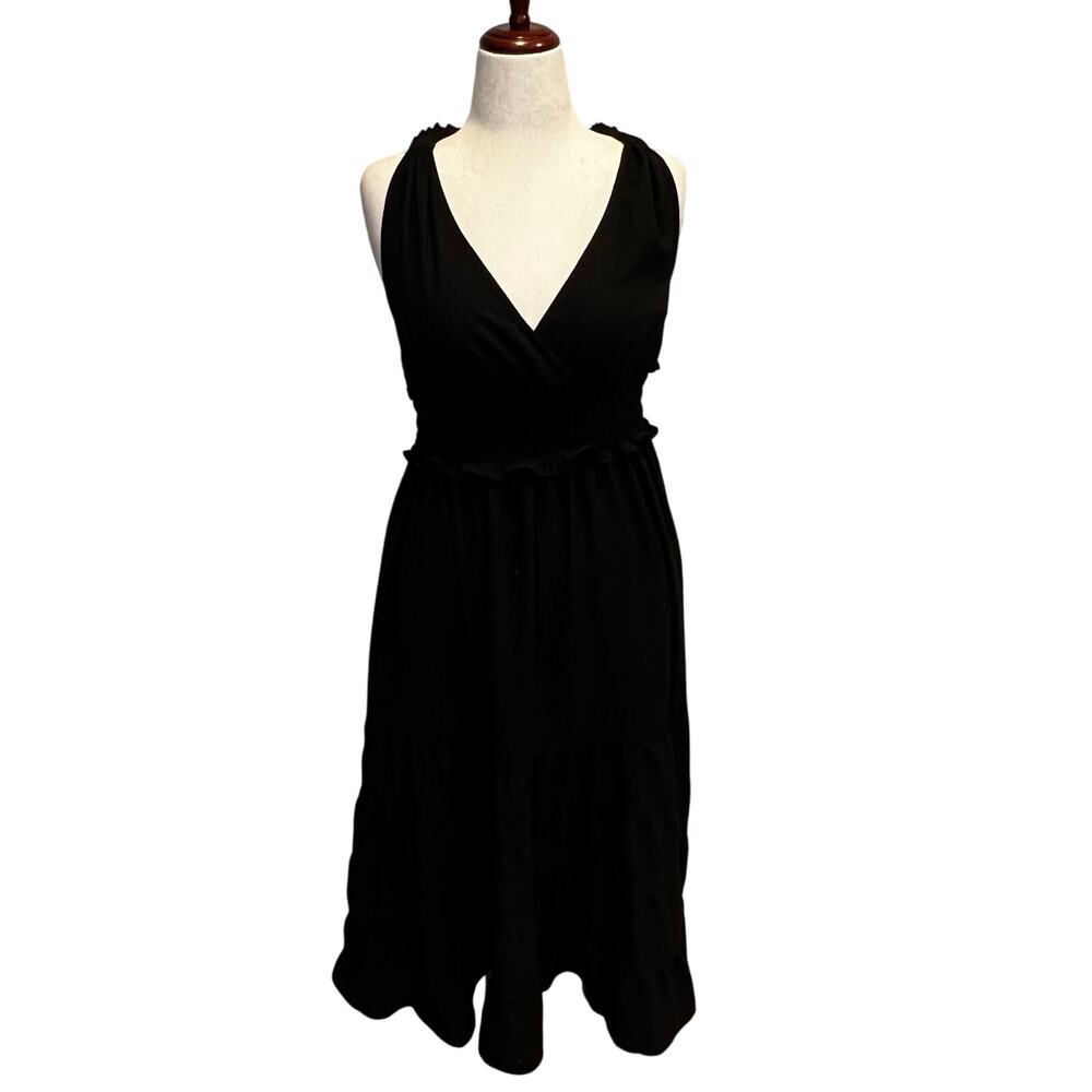 MAX STUDIO Women's Sleeveless V Neck Midi Tiered Dress Size L In Black